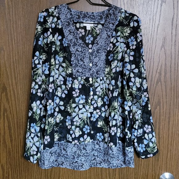 J. JILL Floral Lace Print Button Front Blouse Sheer Long Sleeve Navy Blue Small - Picture 9 of 16